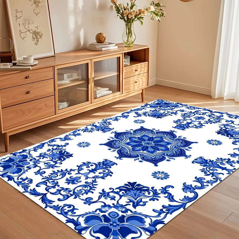 Blue White Floral Medallion Area Rug for Living Room Bedroom Chinoiserie Porcelain Inspired Home Decor Soft Non Slip Floor Mat