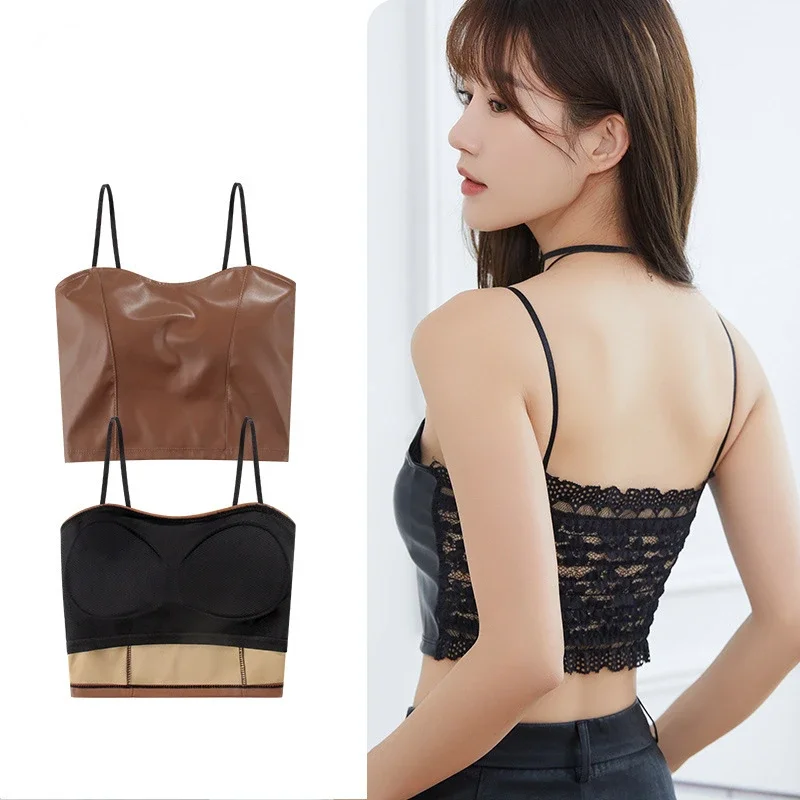 Woman Sexy Camisole Four Season Bottoming Short T-shirt Elegant Underwear Leather Crop Top Solid Casual Tank Women Clothing