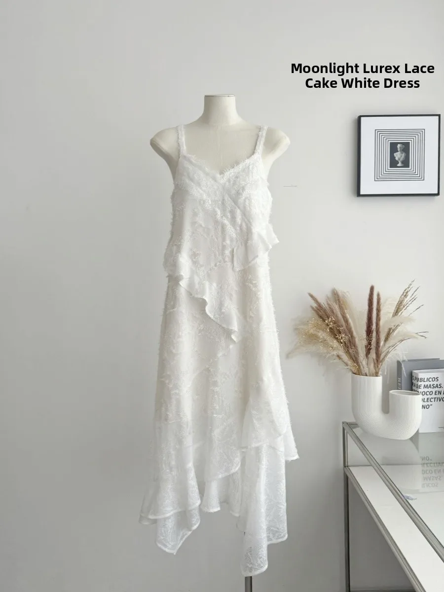  Moonlight Louise Texture White Strapless Dress Women Spring Irregular Splicing Lace Cake Skirt Style Elegant Lady Dress