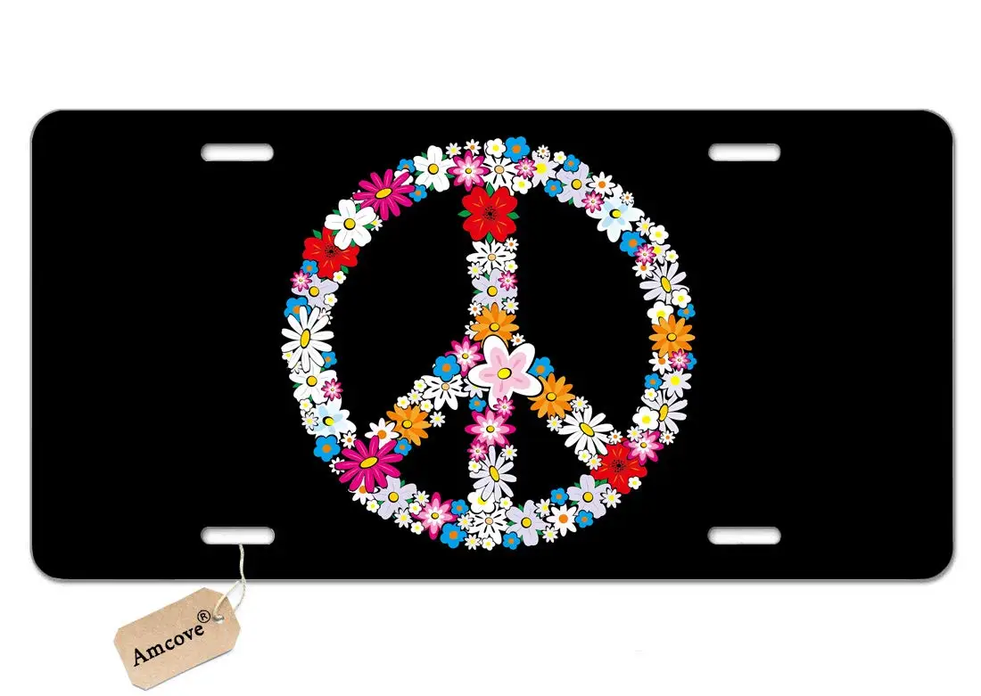 Spring Peace Sign Flower Symbol Aluminum Car Metal License Plate for Car Four Holes Car Tag 12