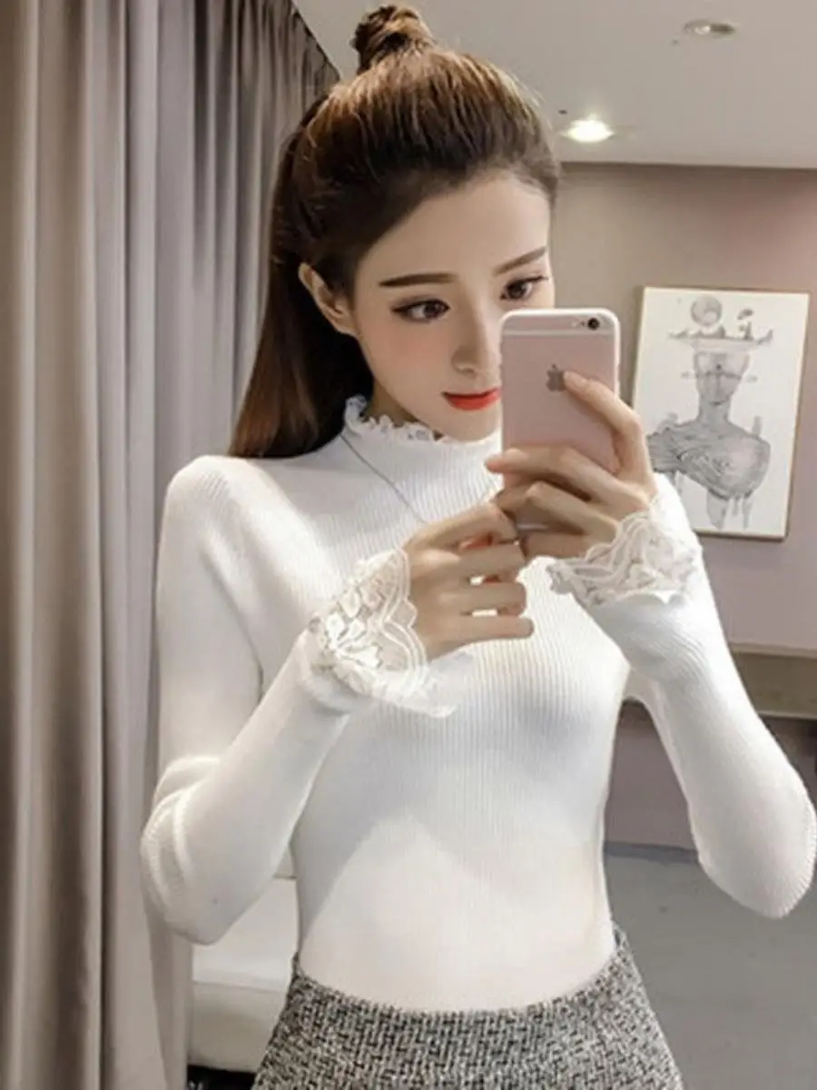 Plus Size Lace Base irt Damen Strickpullover Korean Sle Slim Fit Overhead Ort Sle Vielseitige Tight Fit Innenbekleidung