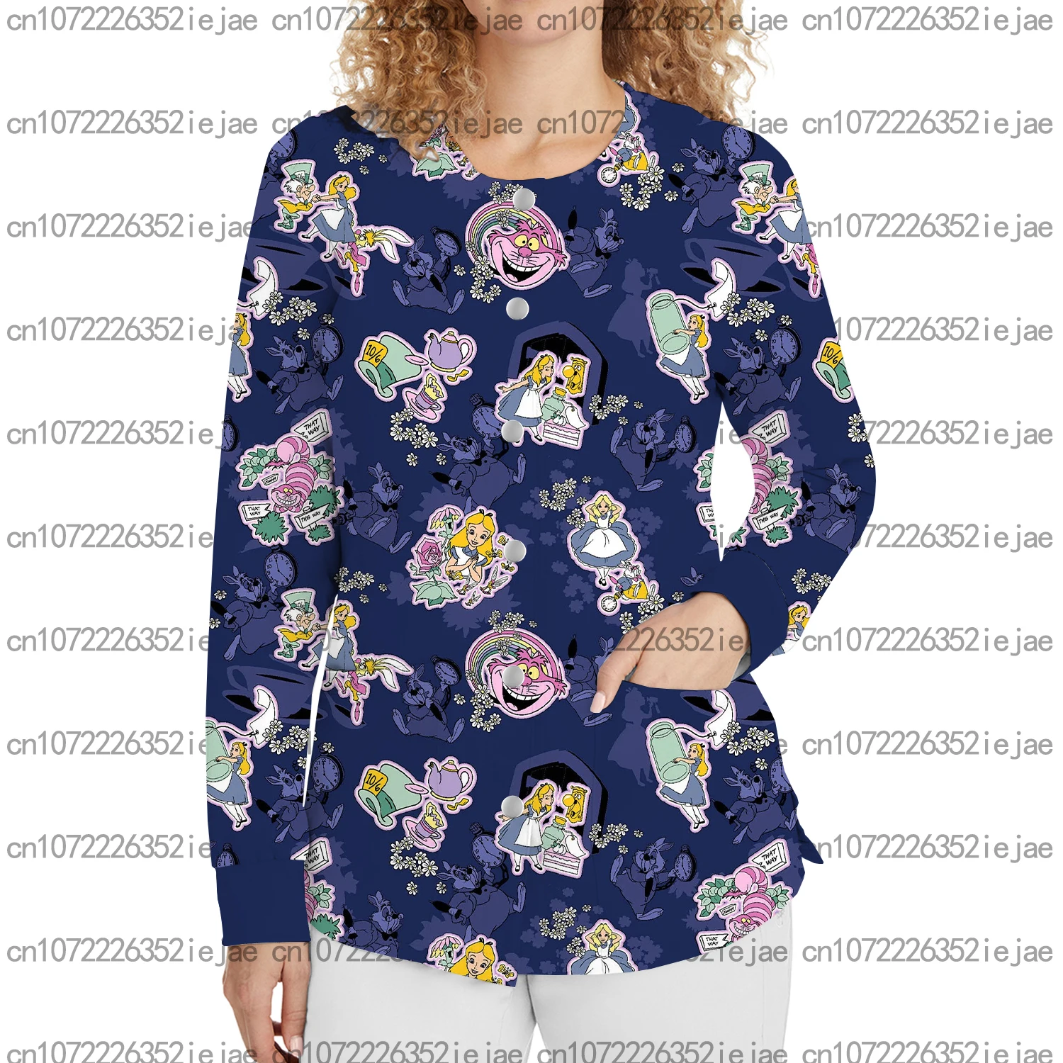 سترة نسائية جديدة لطيف ديزني الكرتون طباعة جولة الرقبة زر متجمد سترة الأسنان الحيوانات الأليفة متجر صالون تجميل ممرضة معطف