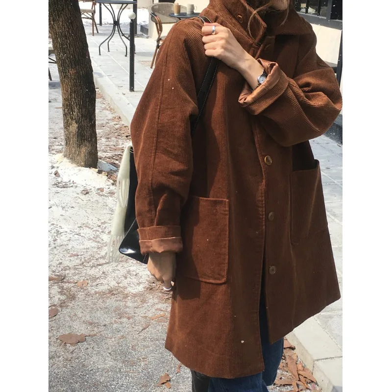 Vintage Corduroy Single-Button Long Coat Collar Jacket Women's Fashion Outerwear Polyester Fiber Long Sleeve Regular Length
