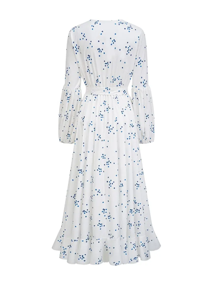 Lemongor Women's Blue Polka Dot High Split Ruffled Maxi Dress Puff Sleeves V Neck High Waisted Tied Waist Evening Long Dresses