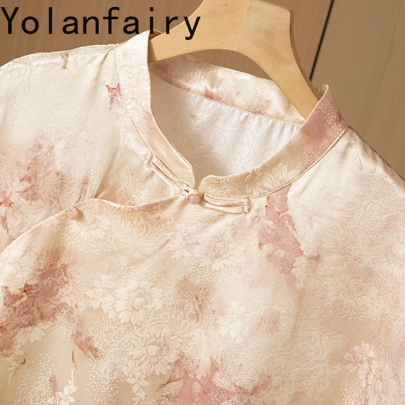 YOLANFAIRY 100% Mulberry Silk T Shirts Woman Top Stand-up Collar Elegant Charm Summer Tops Buttons Neo Chinese Style Tee Shirt