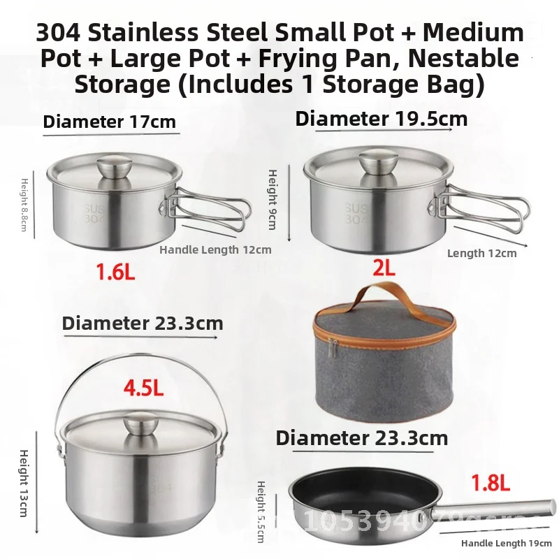 

Outdoor 304 Stainless Steel 4-Piece Pot Set Camping Cookware Hanging Pot Combination Multi-Function Portable Teapot & Frying Pan
