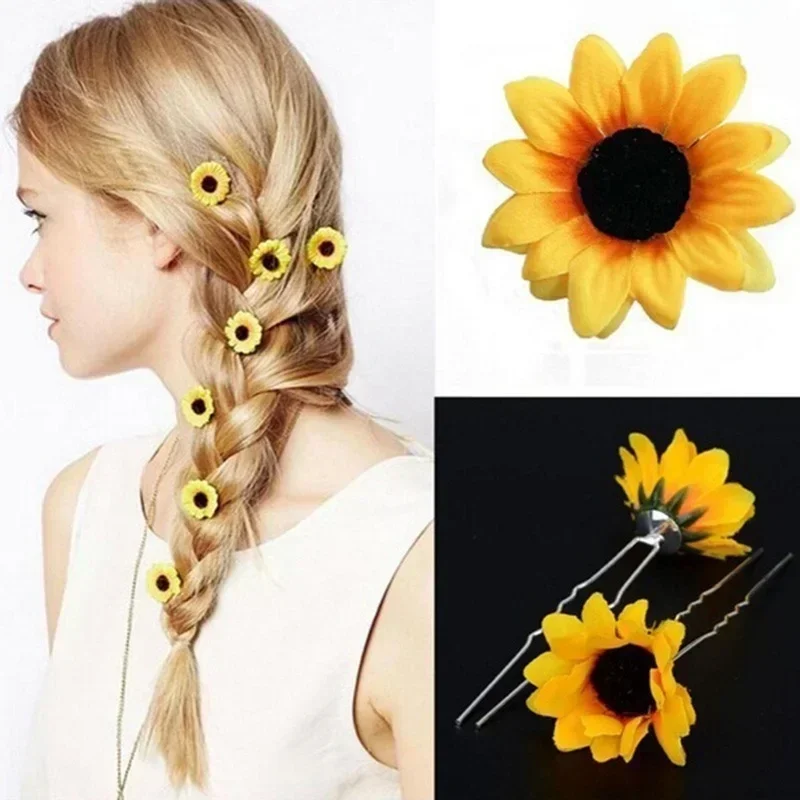 5PC Fashion Yellow Flower Hair Pin Clips U-shaped Hair Clips Sunflower Bridal Wedding Hair Jewelry Accessories Holiday Party