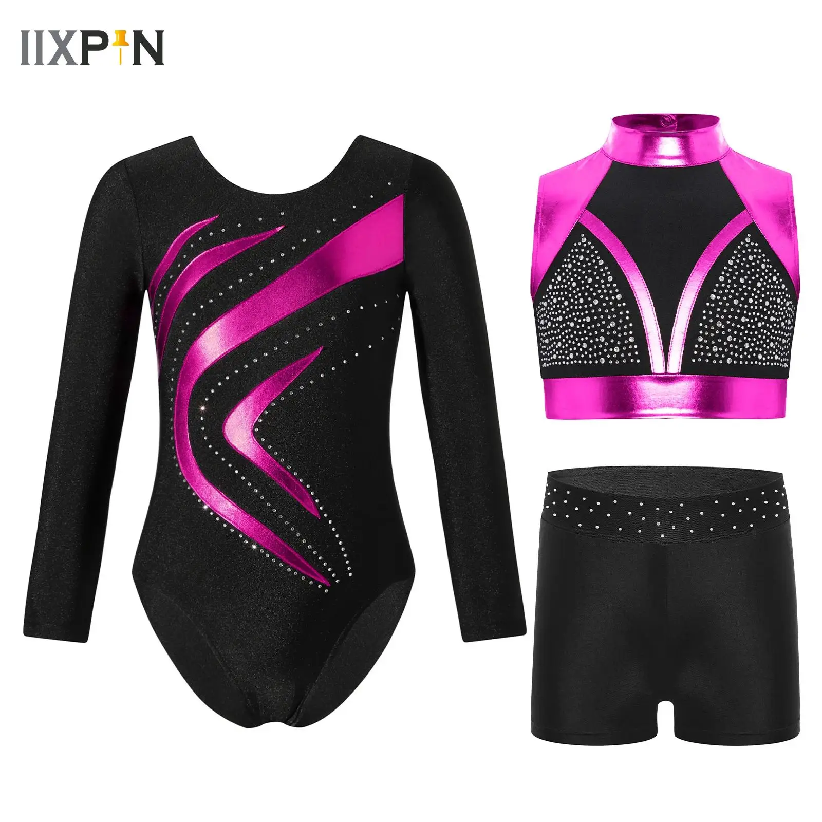 

Kids Girls Ballet Gymnastics Dance Sets Figure Skating Sports Yoga Suit Shiny Rhinestones Leotard Vest with Shorts Outfits