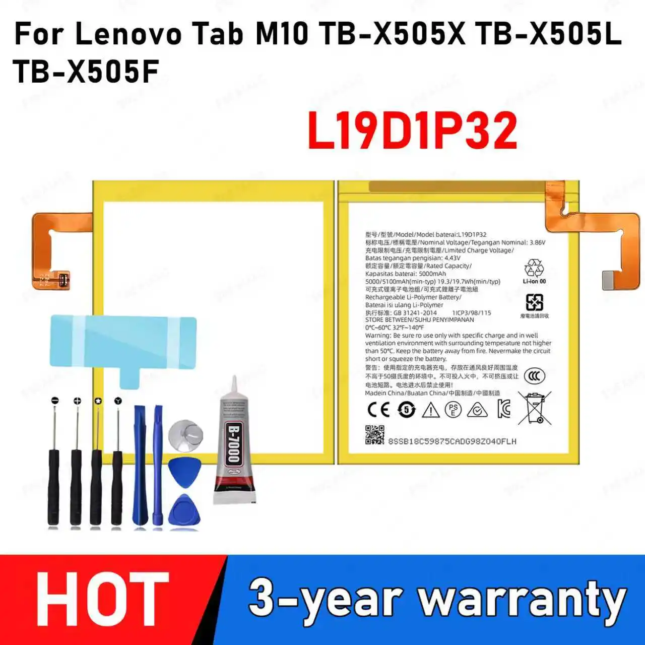 

5000mAh L19D1P32 Battery For Lenovo Tab M10 TB-X505X X505L X505F Tablet Battery +Tools