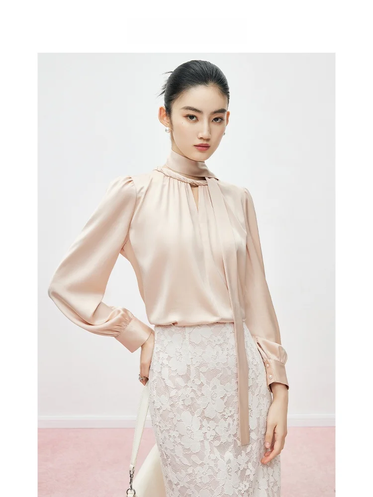 

Ele MandyZhang Women's Acetate irt Long Sve Knot Collar Faionable Autumn Top Straight Cut Simple Design Regular Fit