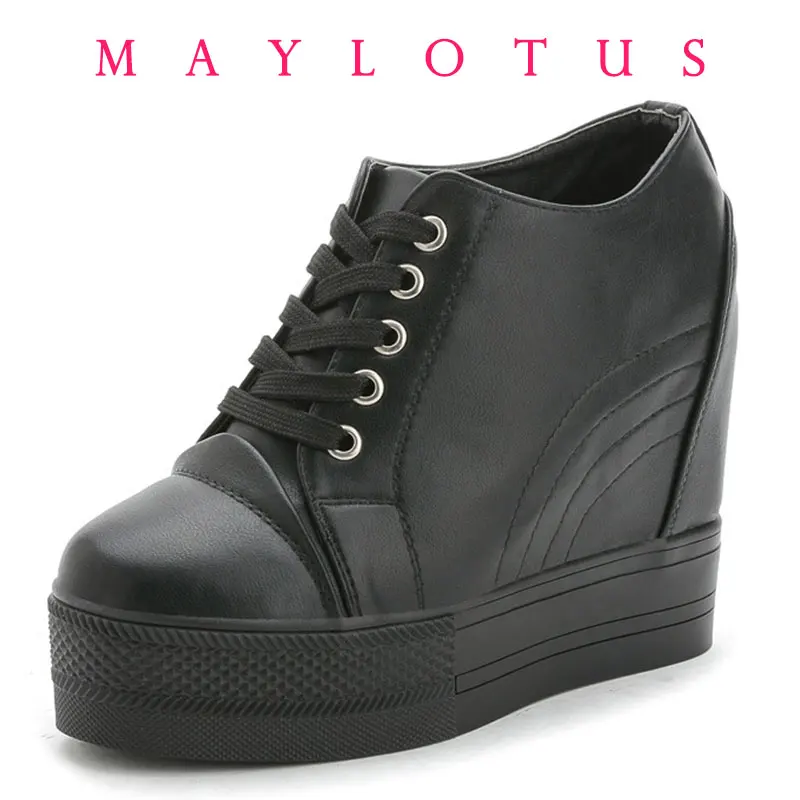 

High Top Women's Casual Shoes Leather Casual Sneaker Hidden Increased Ladies Ankle Boots Platform Wedge Ankle Boots Botines
