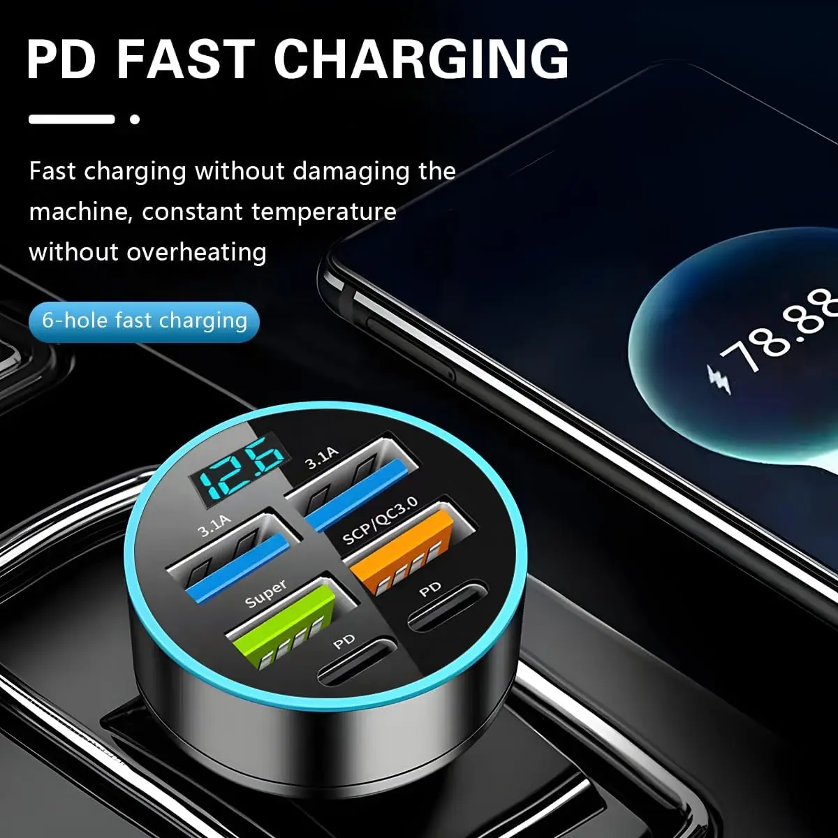 6 Ports 66W Car Charger, 12-24V Super Fast Charging with USB 3.1A PD&QC 3.0 with LED Voltmeter Universal Auto Accessories