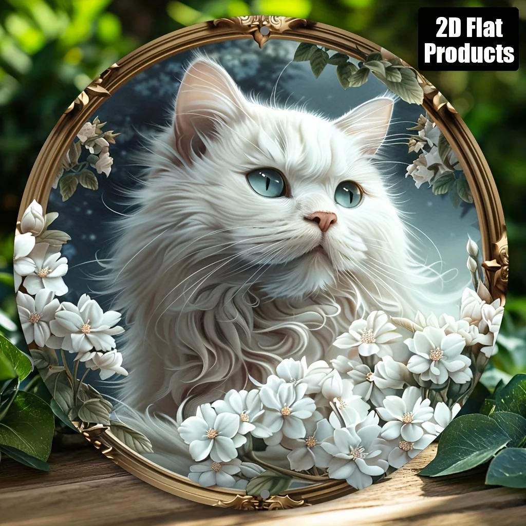 2D Flat, 2D Flat Print, 1 Stück, rundes Aluminiumschild Wandkunst, Vintage Metallschild, weiße Katze Thema, für Bar Küche Café Home Room L