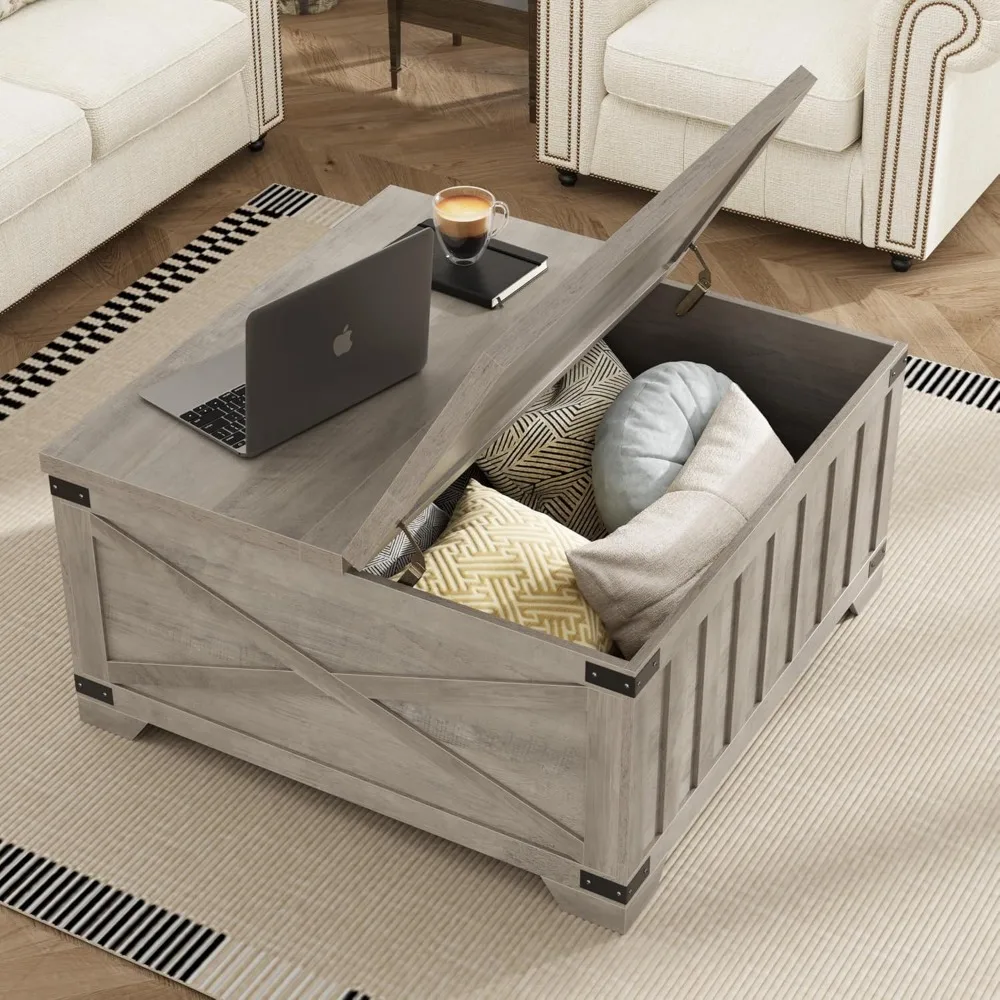 Farmhouse Coffee Table with Storage, 35.4" Square Center Table with Hinged Lift Top, Vintage Wood Cocktail Table with Thickened