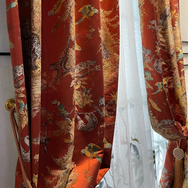 

American European Embroidered orange animal picture Luxury Curtains for Living Room Bedroom Dining Blackout Window Tulle Decor