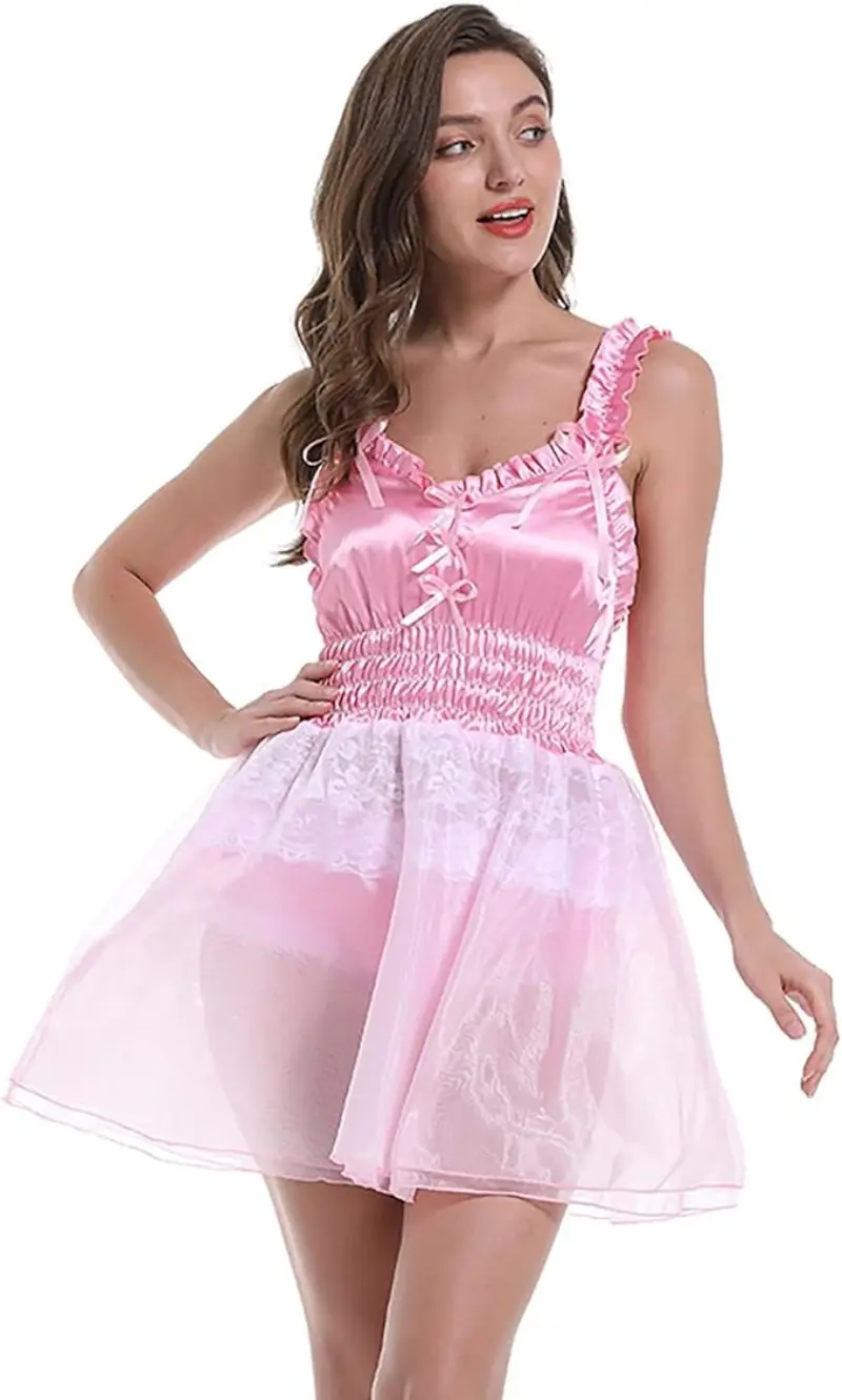 New French Pink Suspender with Elastic Waistband and V-shaped Neckline with Shorts as a Base Satin Patchwork Sheer Dress