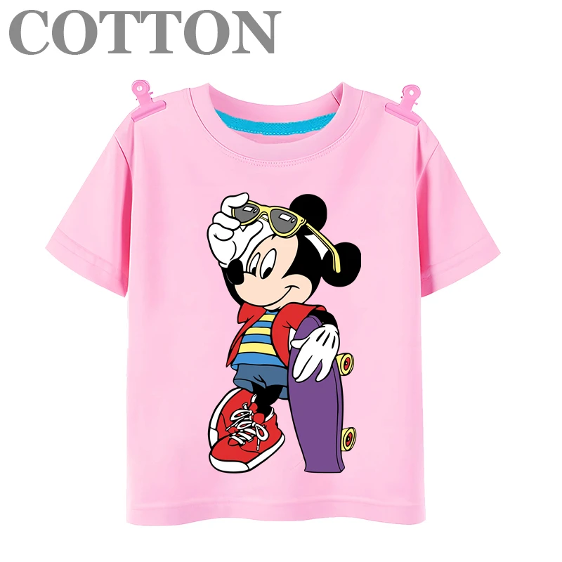 Mickey Mouse with Skateboard Fashion Cotton Summer Children's Multicolor Cartoon T-shirt Round Neck Short Sleeve Disney Print