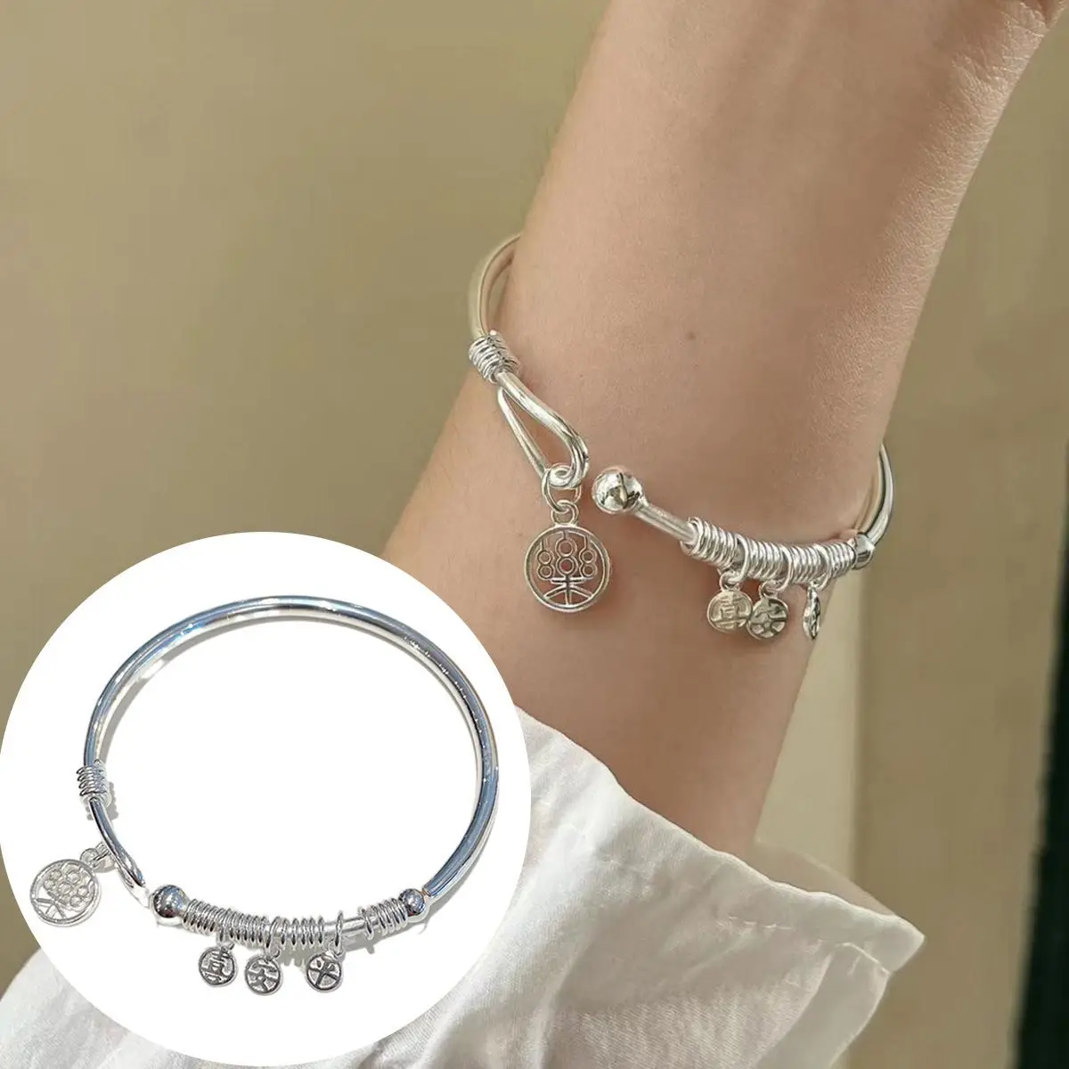 PANJBJ 925 Sterling Silver Irregular Blessing Bangle Asymmetric Pendant Minimalism Ethnic Design Bracelet Jewelry Dropshipping