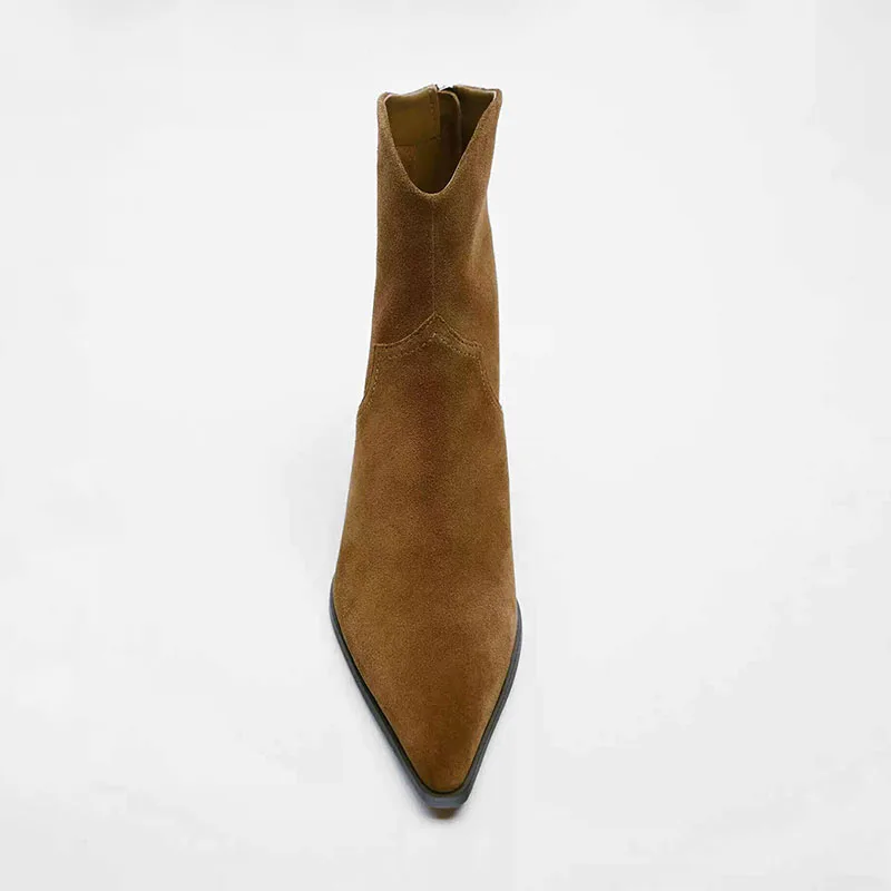 TRAF Women Brown Bare Surface Cowboy Boots New Retro Point Head Square Heel Ankle Boot Back Zipper High Heels Shoes For Woman 