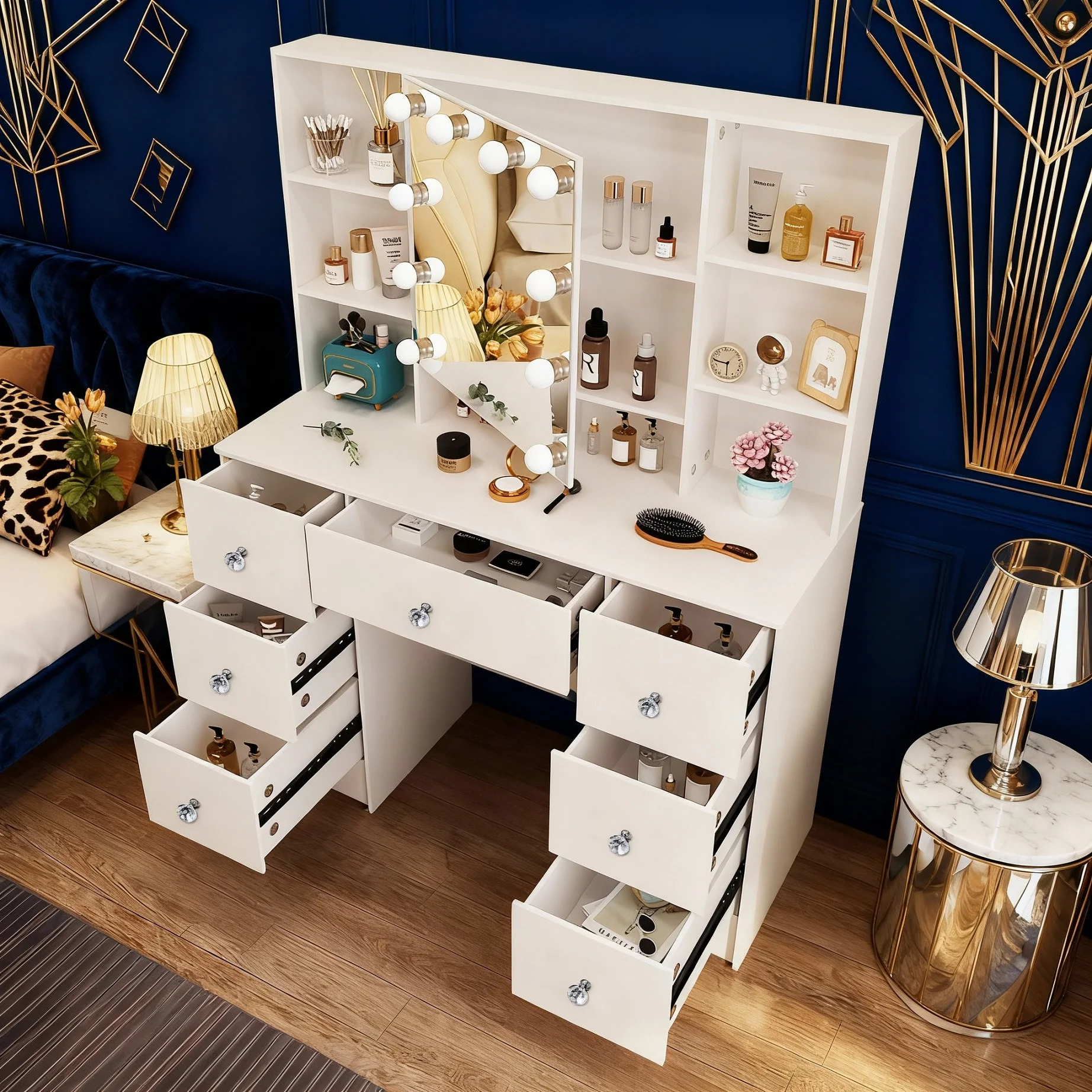 طاولة مكياج بمرآة تزيين LED مع مجموعة وحدة تزيين لغرفة النوم باللون الأبيض مكونة من 7 أدراج #3