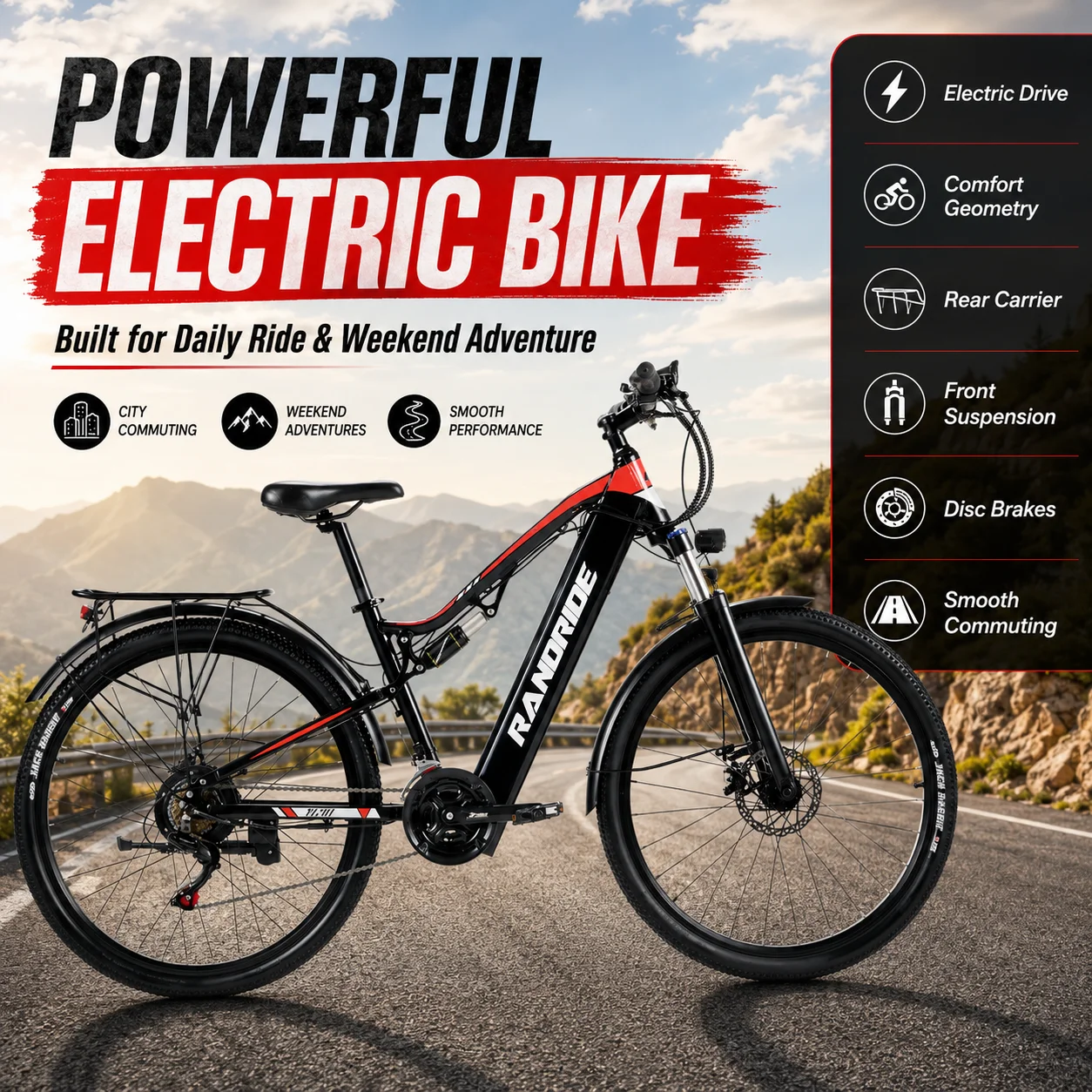 G90 Electric City Bike for Daily Commuting with 1000W High-Speed Motor 48V 17Ah Lithium Battery 21-Speed Gears and 150KG Capacit