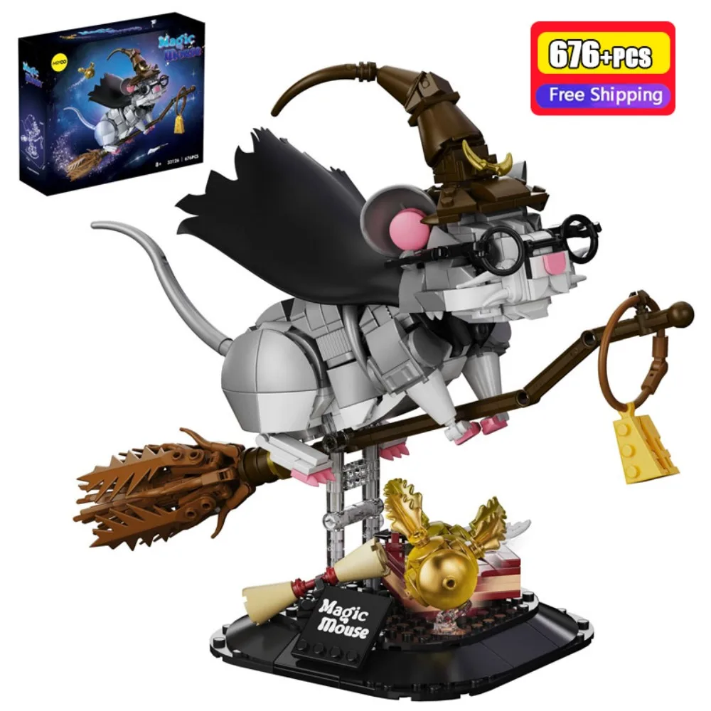 676PCS Wizard Mouse Building Blocks Set Magic Animal DIY Assembly Model Bricks Aesthetic Desktop Ornament Present for Adults