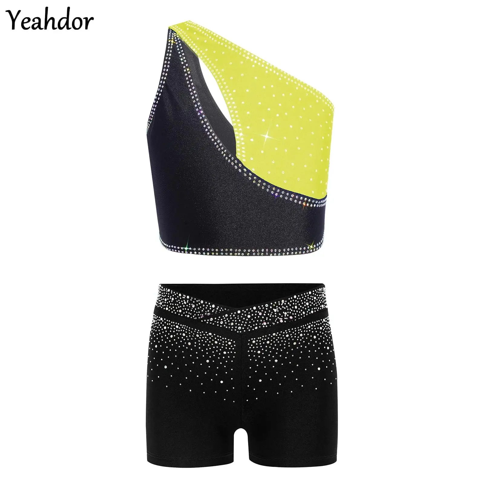 

Teen Girls Gymnastics Dance Outfit One Shoulder Sleeveless Rhinestones Crop Top +Shorts Figure Skating Ballet Dance Sports Suit