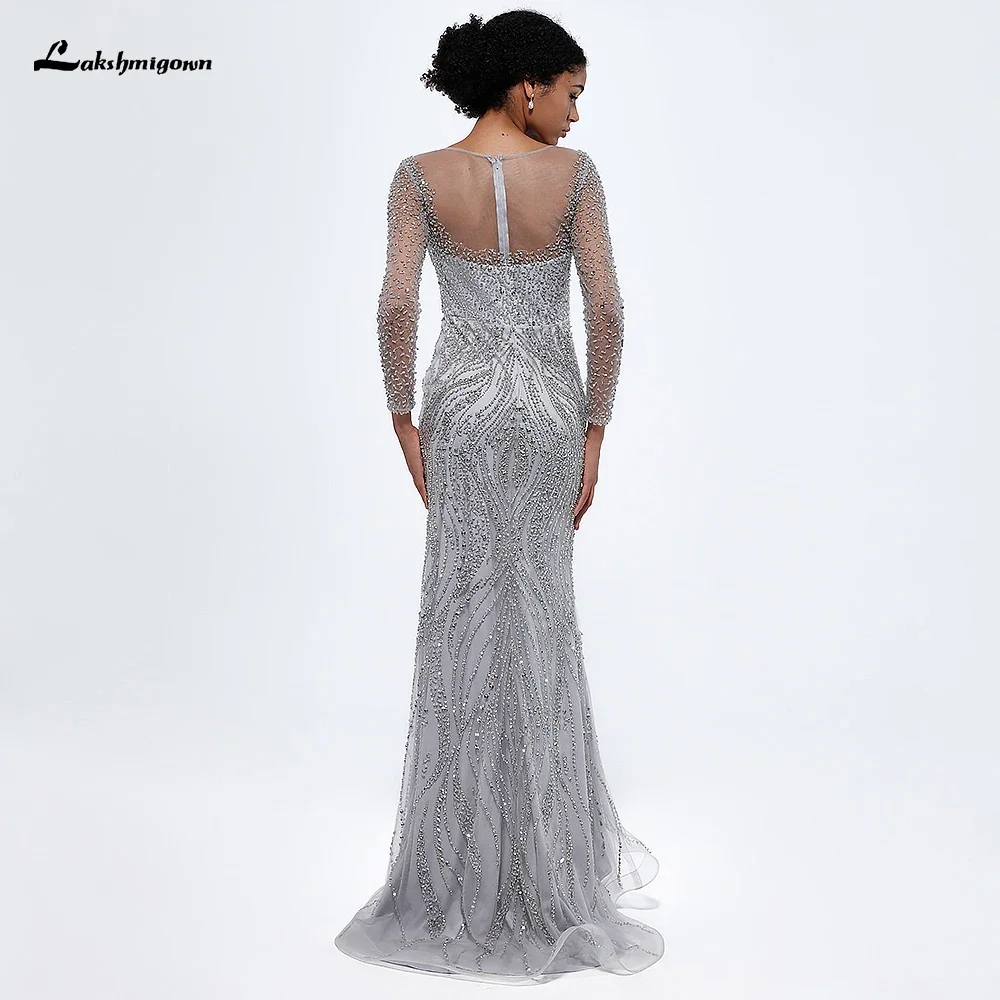 Lakshmigown Silver Beaded Long Sleeve Evening Dresses Mermaid Boat Neck Pageant Dress Crystals Party Gown For Women 69990