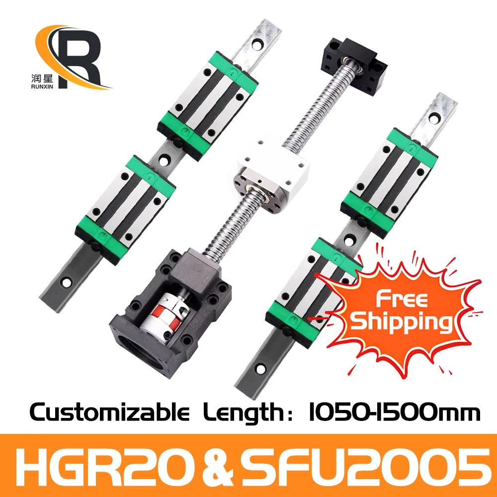 

RXTNC Ball Screw Kit SFU2005+HGR20 linear guide Kit with 4pcs HGH20CA HGW20CC Slider Blocks L1050-1400mm+HM15-57 For CNC Part