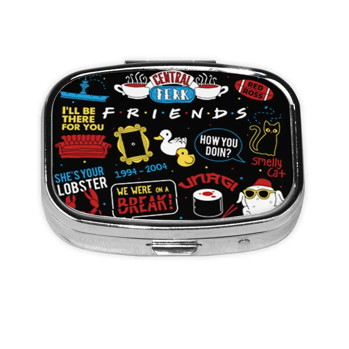 

ТВ-шоу, символ друзей, квадратные коробки для таблеток, 2 отделения, диспенсер для таблеток, портативный контейнер для хранения лекарств в путешествиях