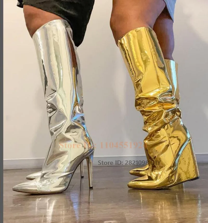 Stivali lunghi con zeppa metallizzata Stivali lunghi da donna con punta a punta lucida Stivali al ginocchio dorati Tacchi alti da donna Scarpe eleganti da strada