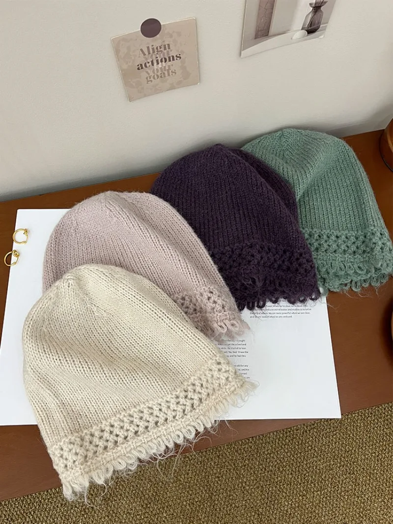 

Тонкая сумка-бини со старым грубым краем, японская маленькая шапка с полым лицом, атмосфера, вязаная модная универсальная холодная шапка Tide