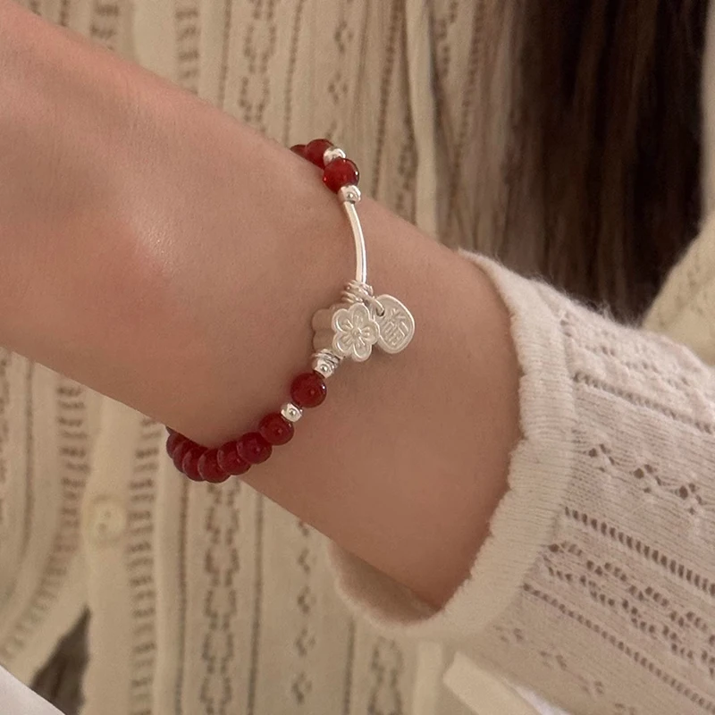 925 Sterling Silve Red Agate Bracelet for Women Flower Pendant Lucky Bead Originality Jewelry Gift Dropshipping - view 3