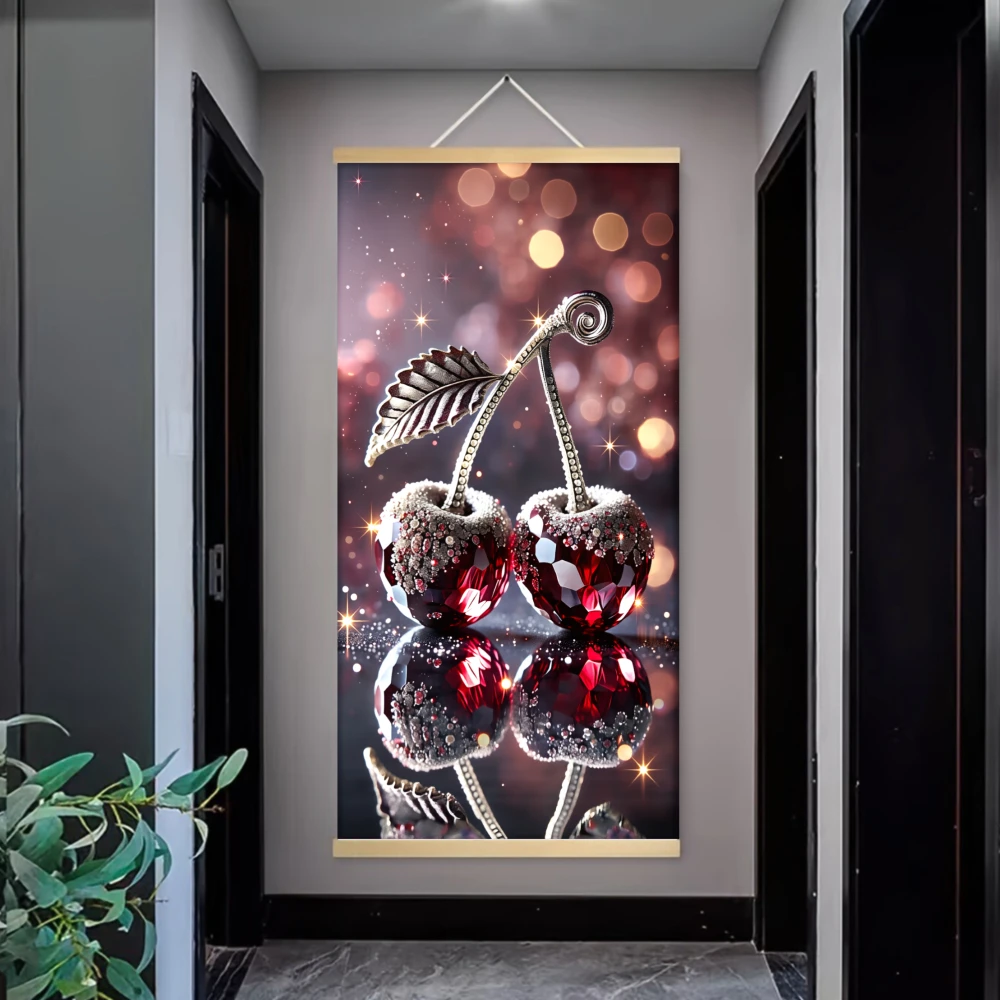 1 pieza de decoración de pared vertical plana 2D, lienzo decorativo para colgar en la pared con patrón de cerezas rojas y fondo de bokeh brillante