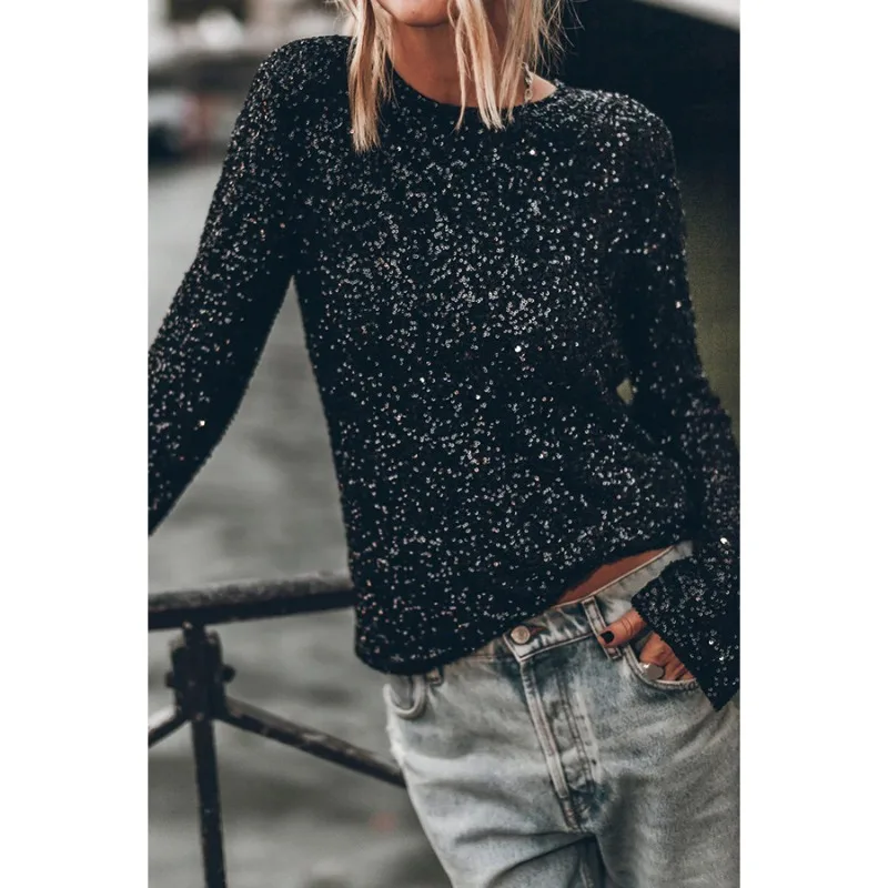 Autumn Winter Women Sequins Shirt Top Elegant Chic Long Sleeve O Neck Backless T-shirt Loose Streetwear Night Clubwear