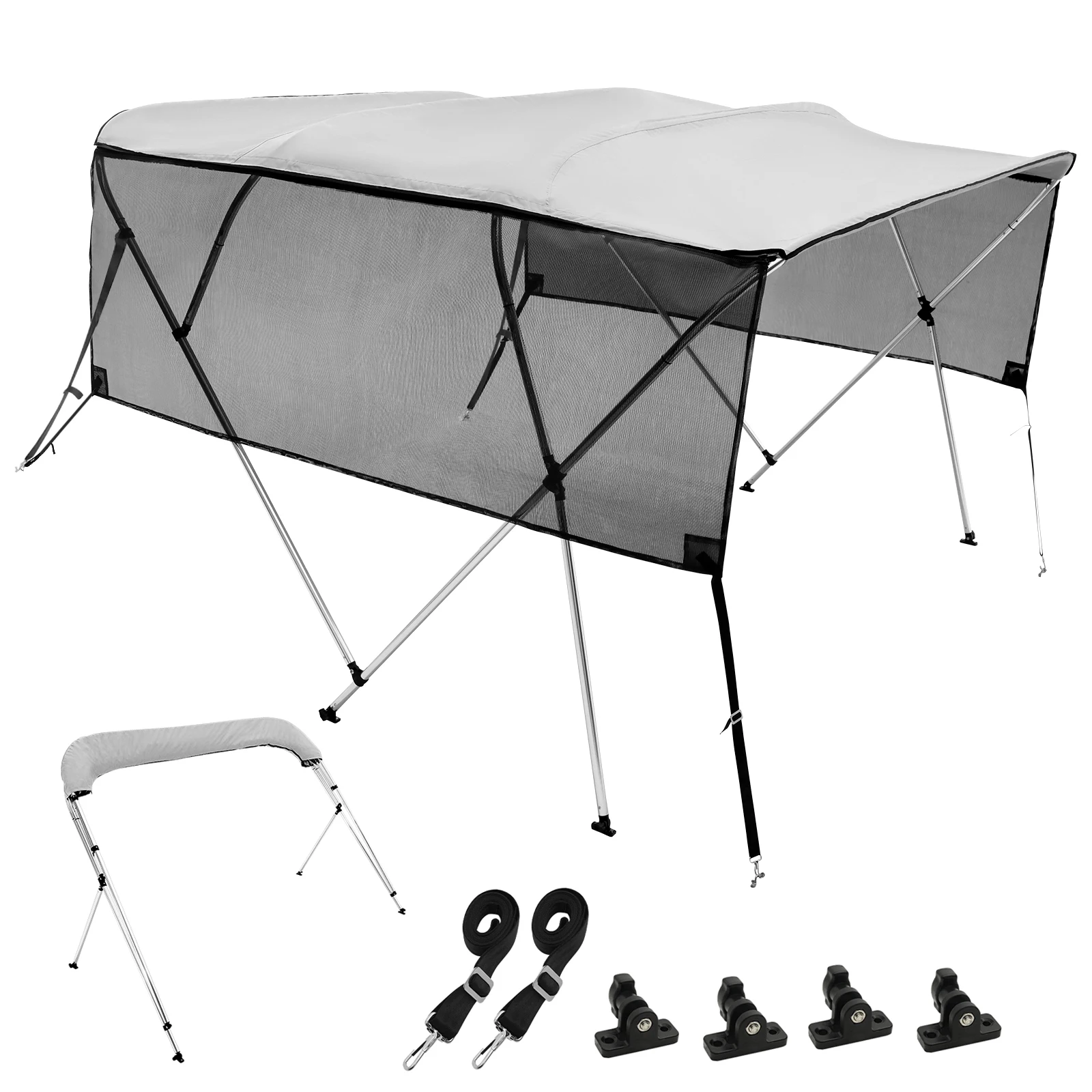 SucceBuy 4 Bow Bimini Top Boat Cover Detachable Mesh Sidewalls 600D Polyester Canopy Aluminum Alloy Frame Include Storage Boot