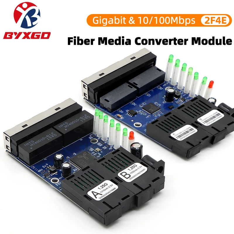 

2F4E Fiber Media Converter Board, 2 SC Fiber to 4 RJ45 Ethernet Ports, 10/100/1000Mbps Single-Mode BIDI Transceiver Module, A/B