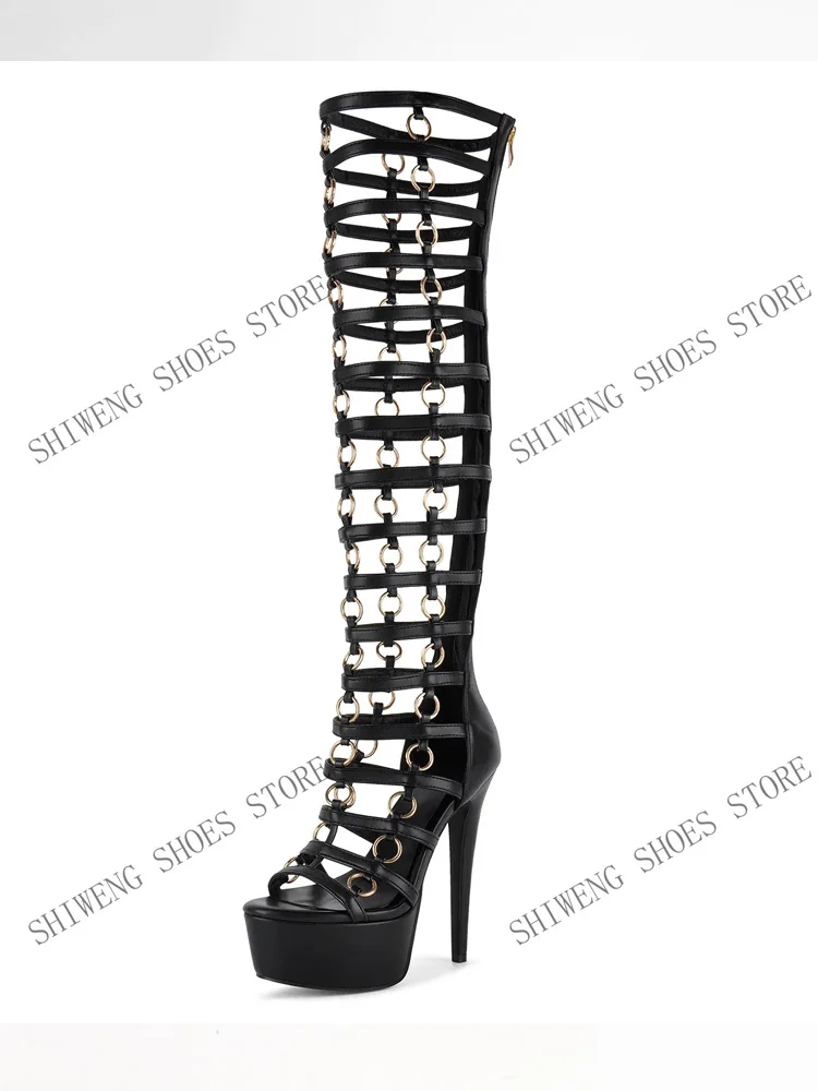 2026 Black Metal Ring Back Zipper Platform Long Boots Women Peep Toe Strappy Cutout Knee High Boots Fashion Sexy Party Gladiator