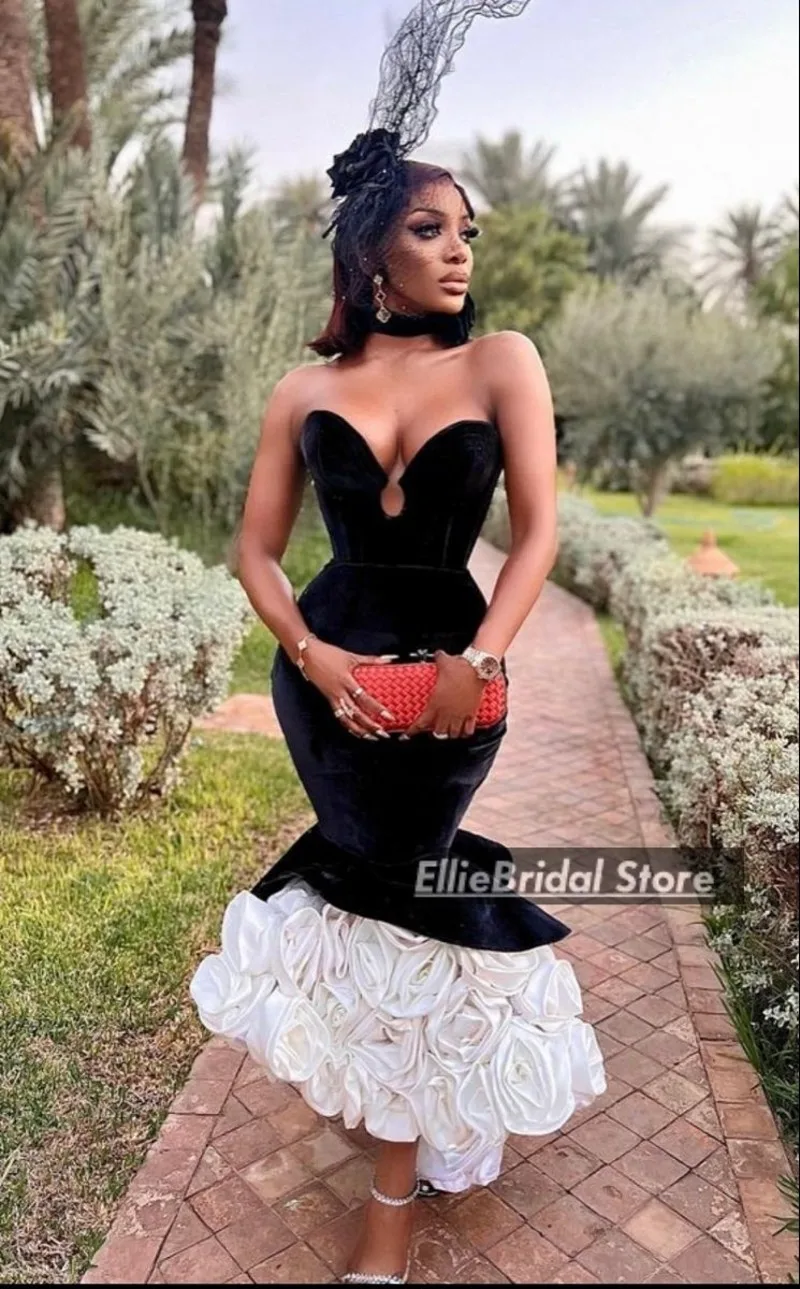 Elegante zwarte avondjurken voor vrouwen fluwelen bloemen zeemeermin bruiloft feestjurk lieverd prom jassen op maat