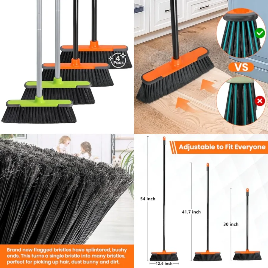 

4 PK Soft Bristle Push Brooms for Sweeping Indoor/Outdoor Heavy Duty Commercial Broom for Shop Restaurant House Broom for Garag