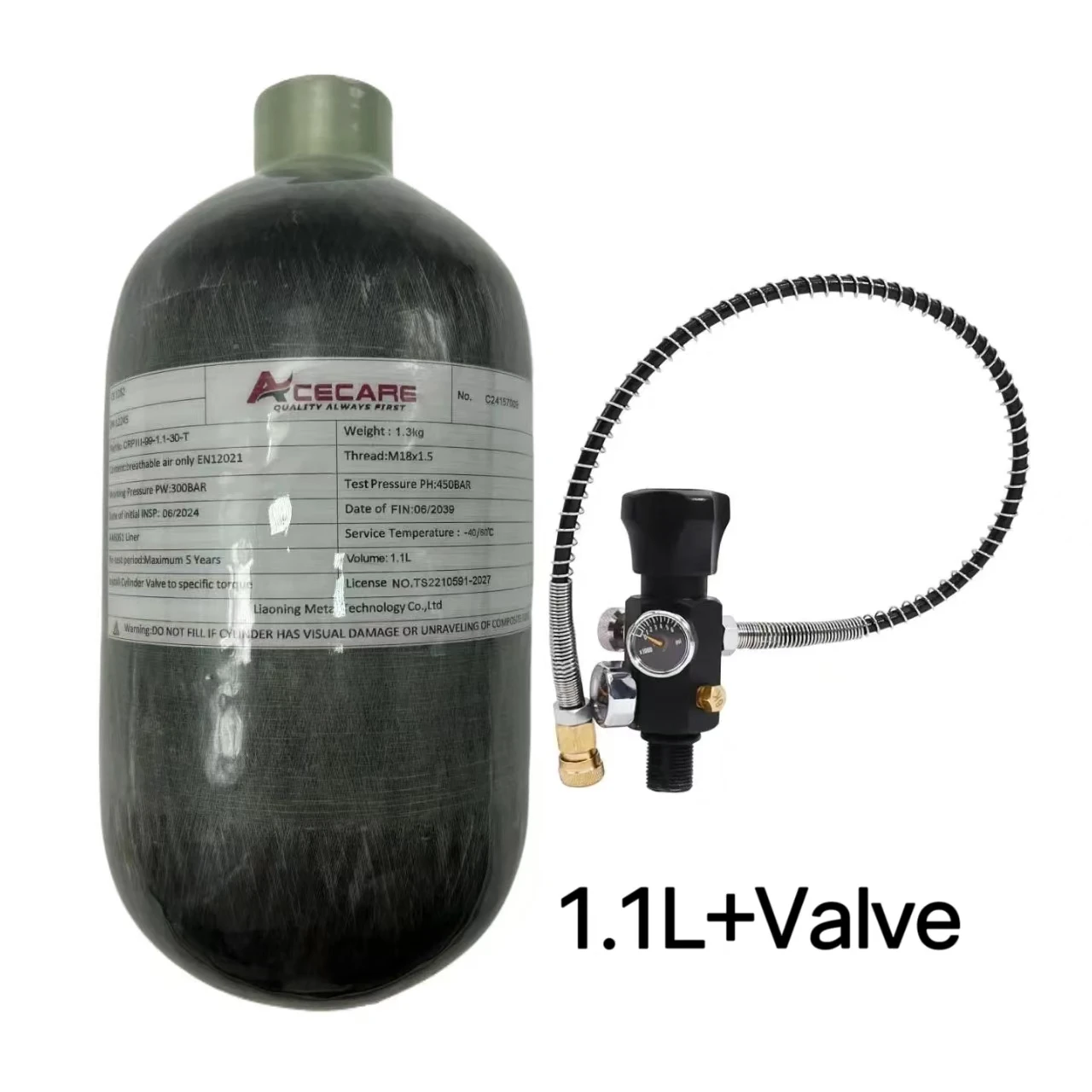 ACECARE 4500Psi 300Bar 30Mpa 1.1L Carbon Fiber Cylinder HPA Tank Diving Charging Regulating Valve  for Diving Scuba M18*1.5