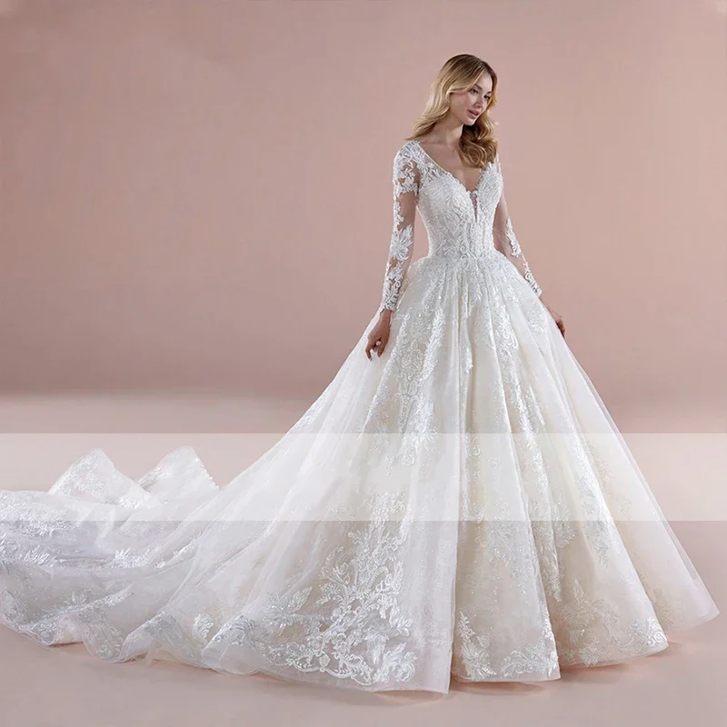 

Винтажное свадебное платье из органзы с v-образным вырезом по индивидуальному заказу, кружевное свадебное бальное платье с длинными рукавами, плотный корсет, белое свадебное платье трапециевидной формы, 2025 г.