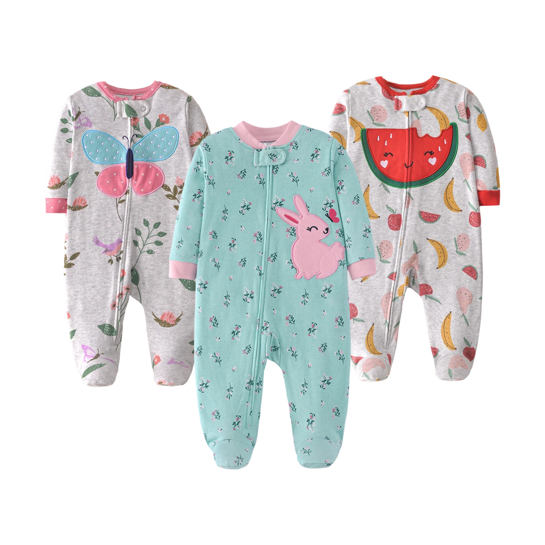 Infant Girls Double-Sided Cotton Footed Romper Cute Cartoon Embroidery All-over Print Zipper Onesie All Seasons Baby Clothes