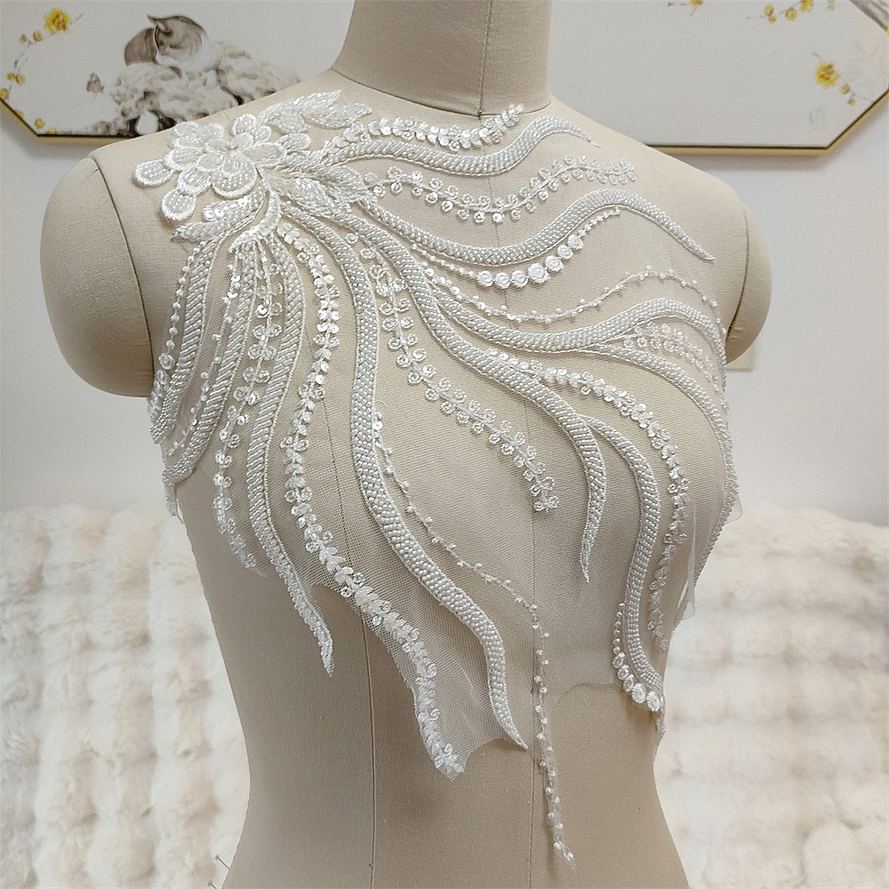 Vestido de noite marfim com strass, material de enfeite superior, acessórios de cristal frisado, perfil, tecido de casamento aplicado