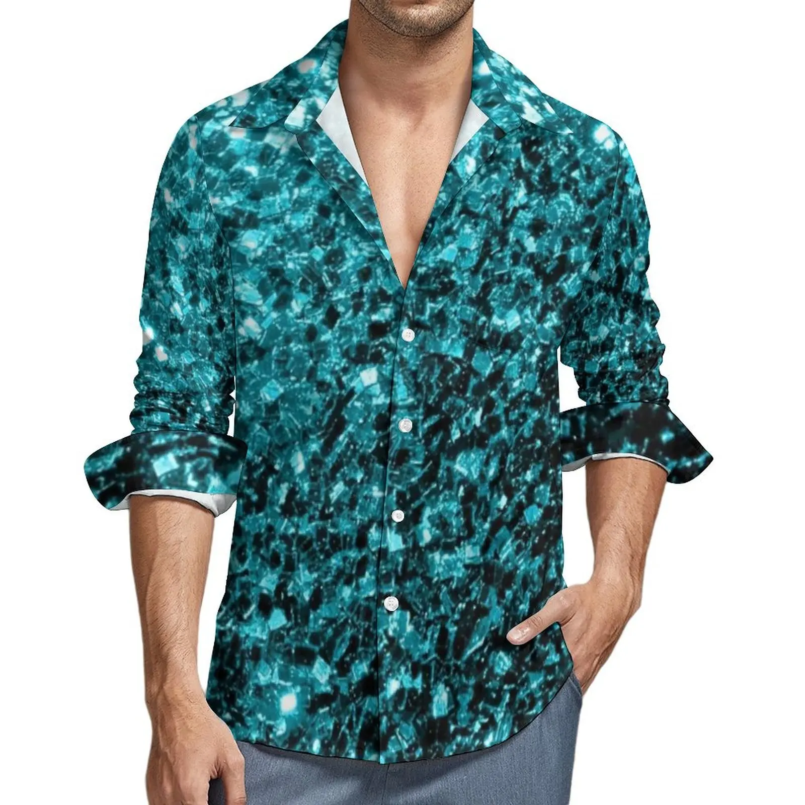 

Glitter Sparkle Print Casual Shirts Light Blue Sparkles Retro Shirt Spring Streetwear Oversized Blouses Man Long Sleeve Clothing