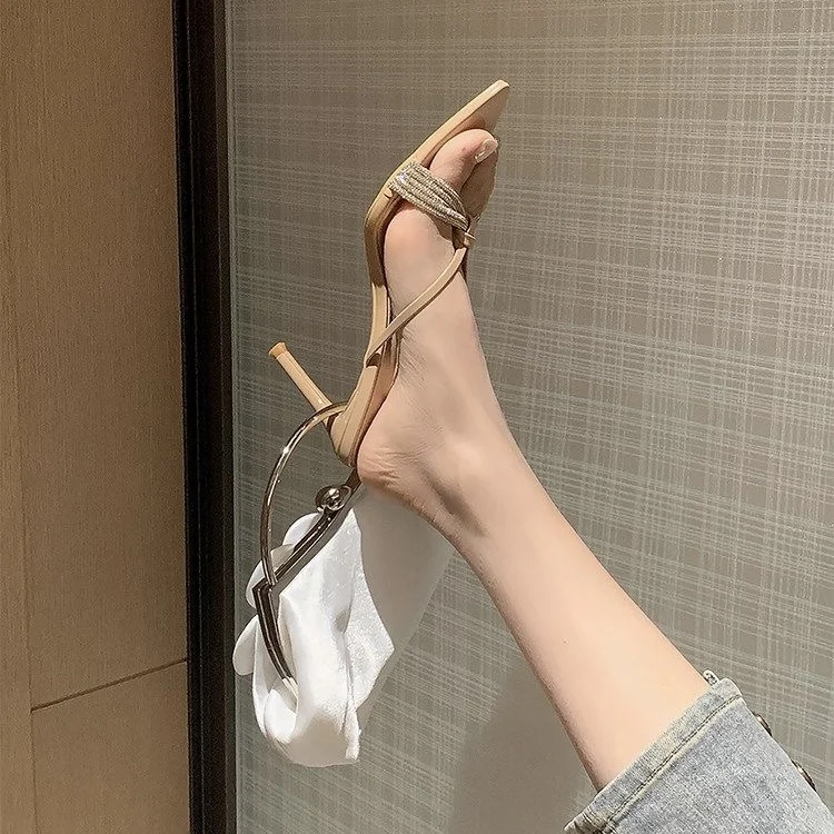 Elegant Summer 2026 Fairy Shoe Toe-Open Strap High Heel Sandals Diamond Decorated Versatile Low Cut Modern Style Ladies Slippers