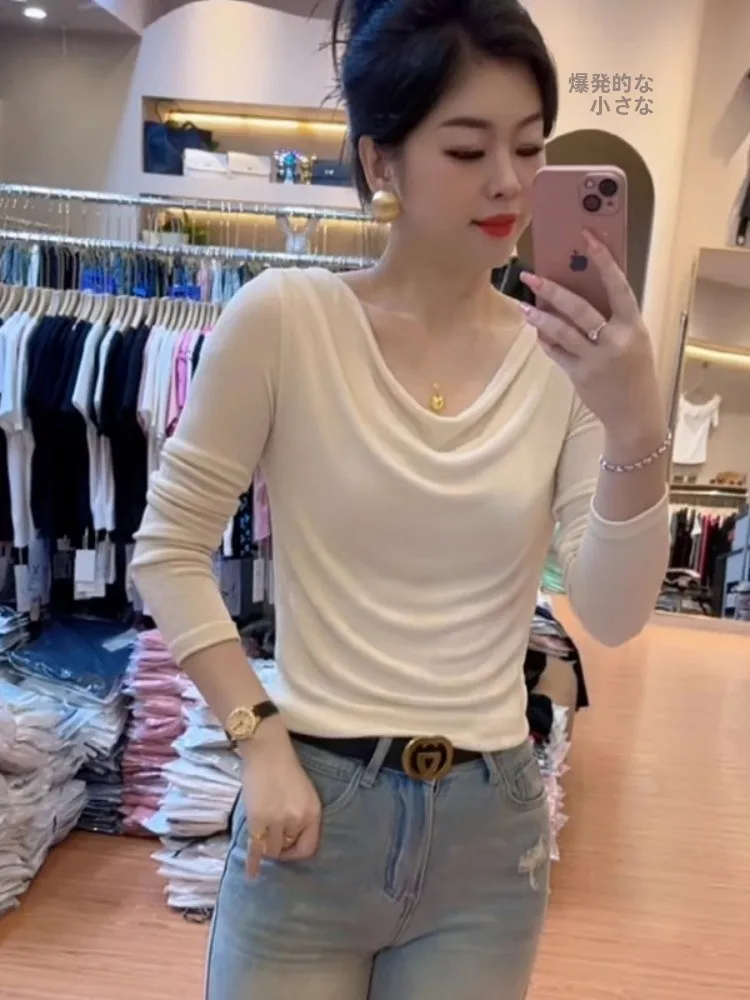 Fashionable Long Sleeve T-Shirt Women's Autumn New Design Sensation Pleated Base Shirt Delicate Top Inner Wear Casual Loose Fit