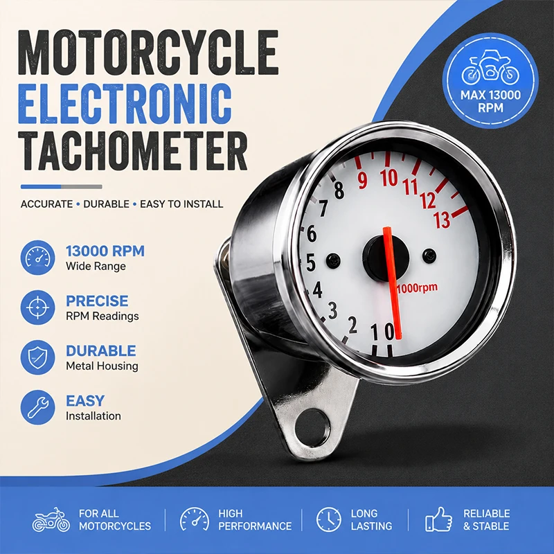 

Pointer Type Motorcycle RPM Gauge 13000RPM Inductive White Face Halogen Backlight Tachometer