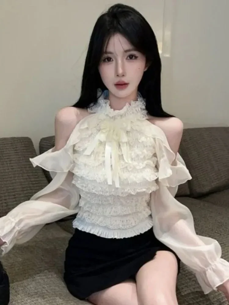 Femme chemises et chemisiers volants printemps automne court Blusas Mujer solide mode coréenne licou élégant rétro Camisas