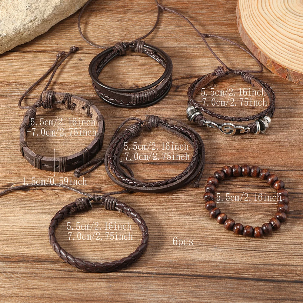 6pcs Trendy Fashion Woven Leather Men’s Bracelets Vintage Note Braided Leather Bracelets Gifts For Friend